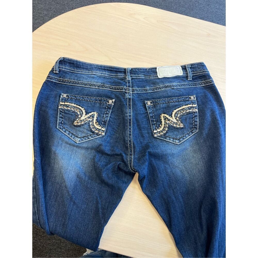 Shyanne Shy Gold & Silver Leather Embroidered Pocket Bootcut Western Jeans sz 33